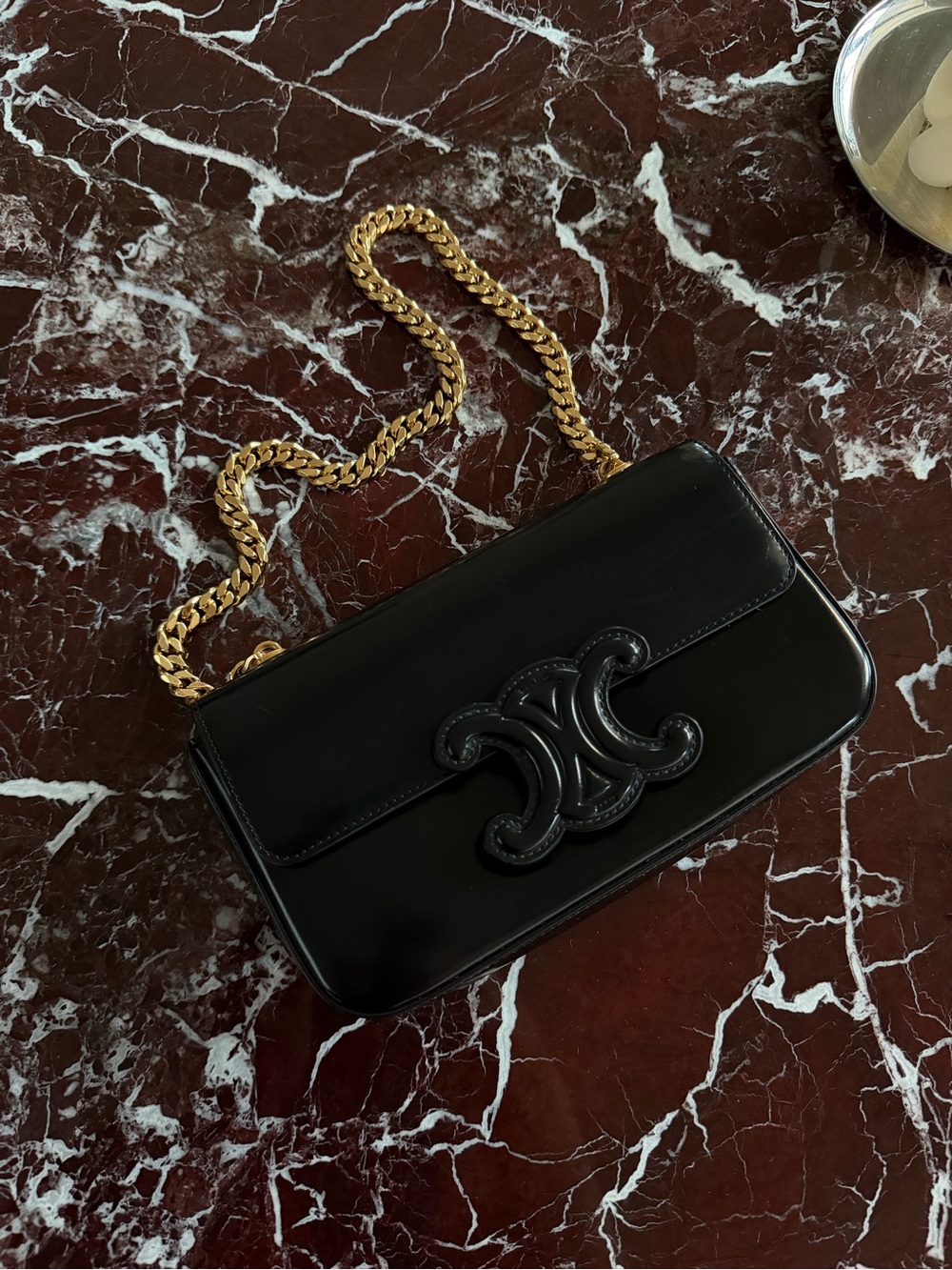 Celine Black Leather Shoulder Bag with Gold Chain Strap